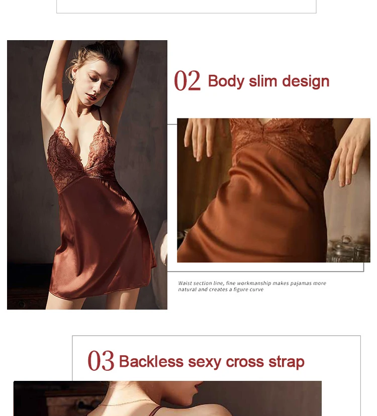 Camisola de Renda Feminina sem Costas Rendas com Decote em v Homewear para Feminino Sexy Lingerie Pijamas Imitar Gelo Seda Noite Vestido 4 Cheap Camisolas e roupas de dormir