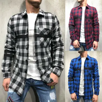 

Spring Autumn Classic Men's Casual Check Print Flannel Plaid Shirts Long Sleeve Slim Fit Plaid Tops