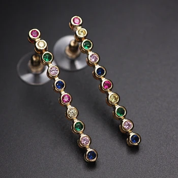 

Colorful Round Simple Ear Line Long Dangle Drop Earrings Rainbow Zirconia Circle Bohemia Gold Color Earring Women Party Jewelry