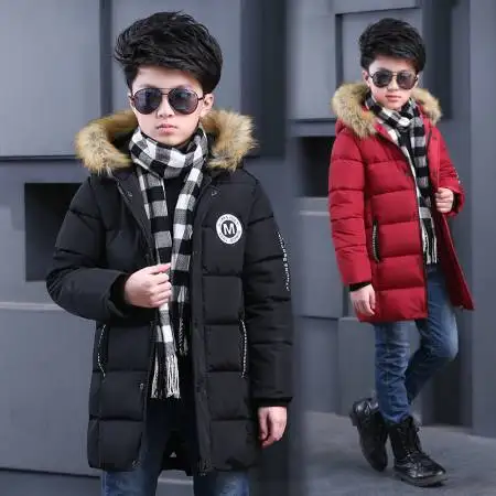 

Winter Style BOY'S Quilted Cotton Coat Children Big Boy Thick Mid-length Warm Hooded Large Fur Collar Hand Sieving Cotton Coat