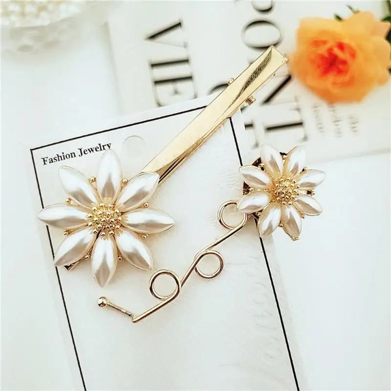 2Pcs Set Women Bridal Alloy Hair Clips Faux Pearl Daisy Flower Duckbill Hairgrip Bohemian Romantic Wedding 3