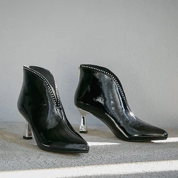 

brand design patent leather women's riding boots pointed toe sexy ankle boots high heels shoes woman female autumn boots pumps