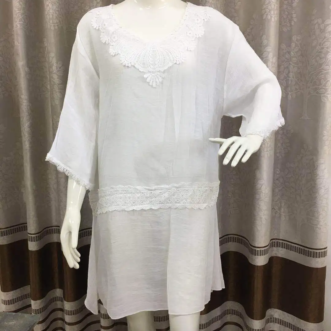 

Summer New Water Soluble Lace Stitching Slub Beach Dress Fashion Loose and Plus-sized Holiday Sun-Protective Clothing