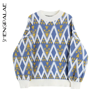 

SHENGPALAE 2020 Korean Autumn And Winter Women's Sweater Round Neck Diamond Plaid Long Sleeve Large Size Knit Pullovers 5A104