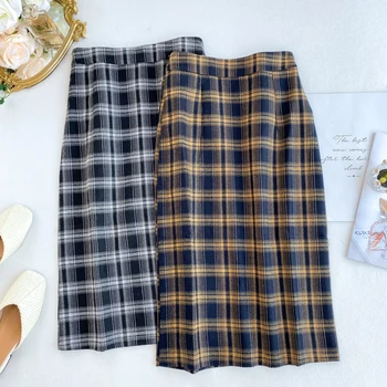

Foamlina England Style Plaid Print Skirt Women Elegant Woolen Skirt High Waist Knee Length Casual Office Lady Work Pencil Skirt