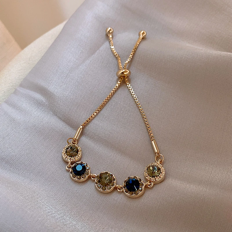 Korea New Design Fashion Jewelry Retro Color Round Crystal Bracelet Elegant Women’s Stretchable Adjustable Simple Bracelet