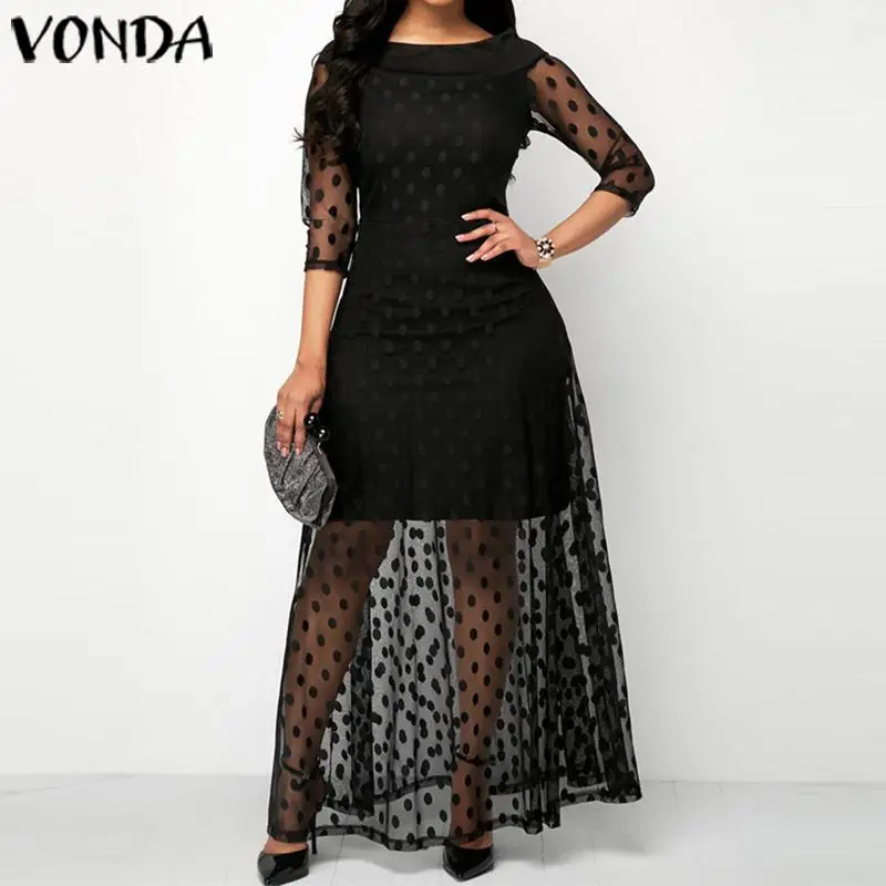 

Lace Long Maxi Dress Bohemian Women Sexy Hollow Out 3/4 Sleeve Party Dress 2020 Summer Sundress With Lining Clothing Plus Size