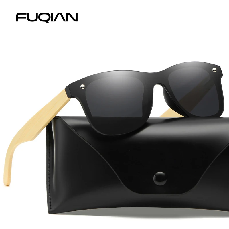 

FUQIAN Bamboo Wood Polarized Sunglasses Men Fashion Square Sun Glasses Women Mirror Lens Driving Eyewear UV400