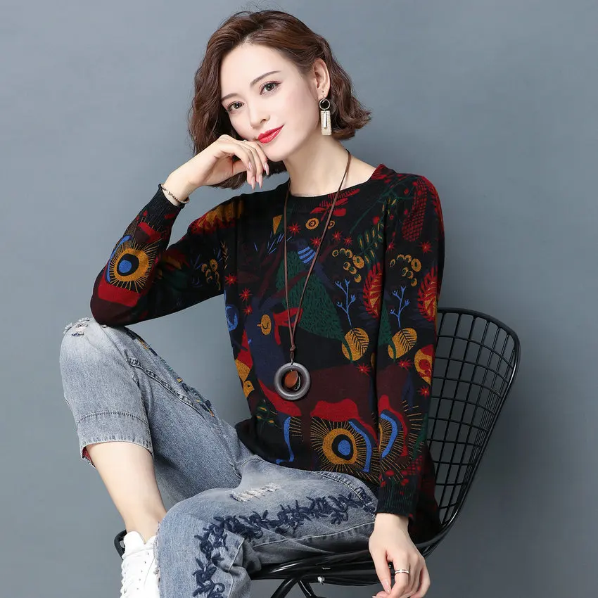 

WAEOLSA Autumn Elk Pattern Wool Jumper Mujer Soft Warm Cashmere Pull Woman Sweaters Woolen Tricot Knitted Top Black Red Camel