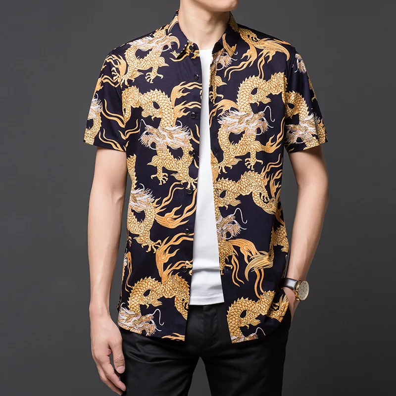 

Golden yellow dragon pattern 3d printing fashion short sleeved shirt Summer quality cotton soft comfortable cool men shirt M-7XL
