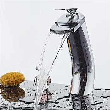 

Chrome Polished Basin Mixer Taps Deck Mounted Waterfall Bathroom Faucet Vanity Vessel Sinks Mixer Tap Cold And Hot Water Tap