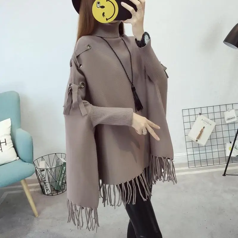 Women Solid Tassel Shawls Poncho Capes Knitted Shawl Knit Cardigans Sweater Coat 2021 Spring Internet Celebrity Winter Warm |