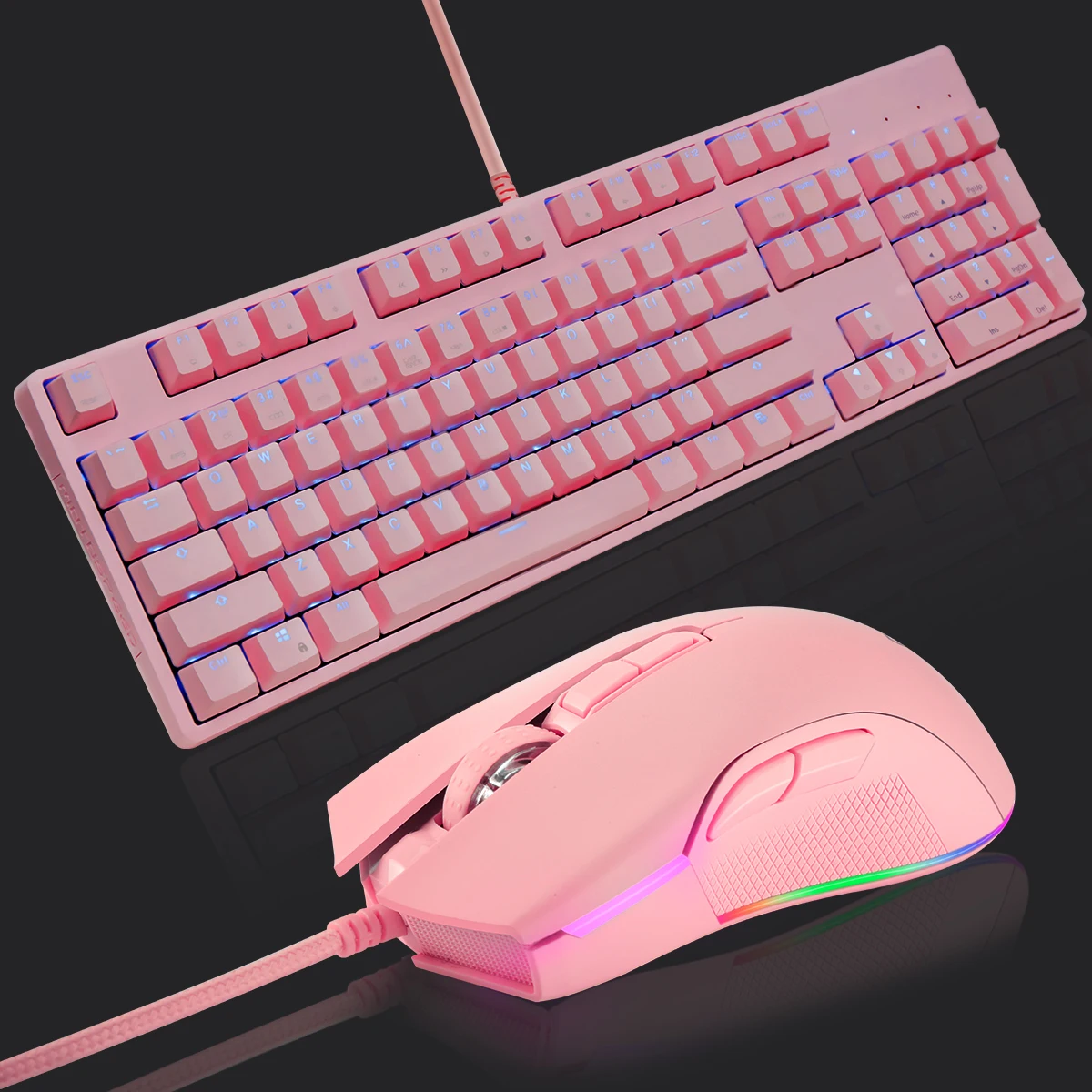 

Pink Keyboard Mouse Combo USB Wired 104 keys Mixed Color RGB Optical Axis Mechanical Game Keyboard with V70 Optical Mouse Set