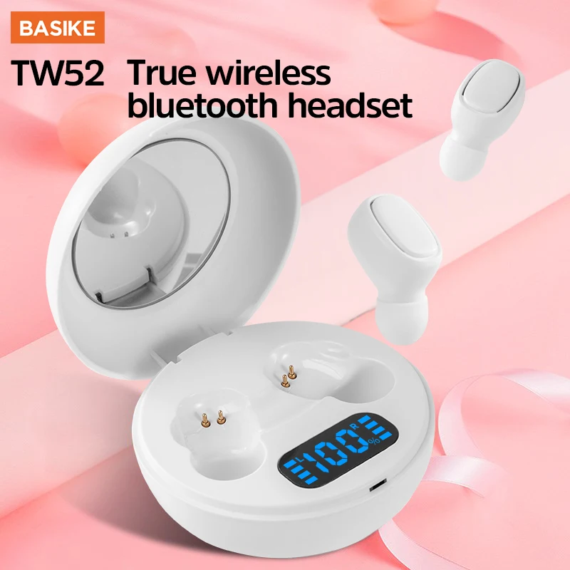 BASIKE TWS Wireless Bluetooth Earphone With Mic HIFI Sports Running Waterproof Headsets With Makeup Mirror Stereo Headphones