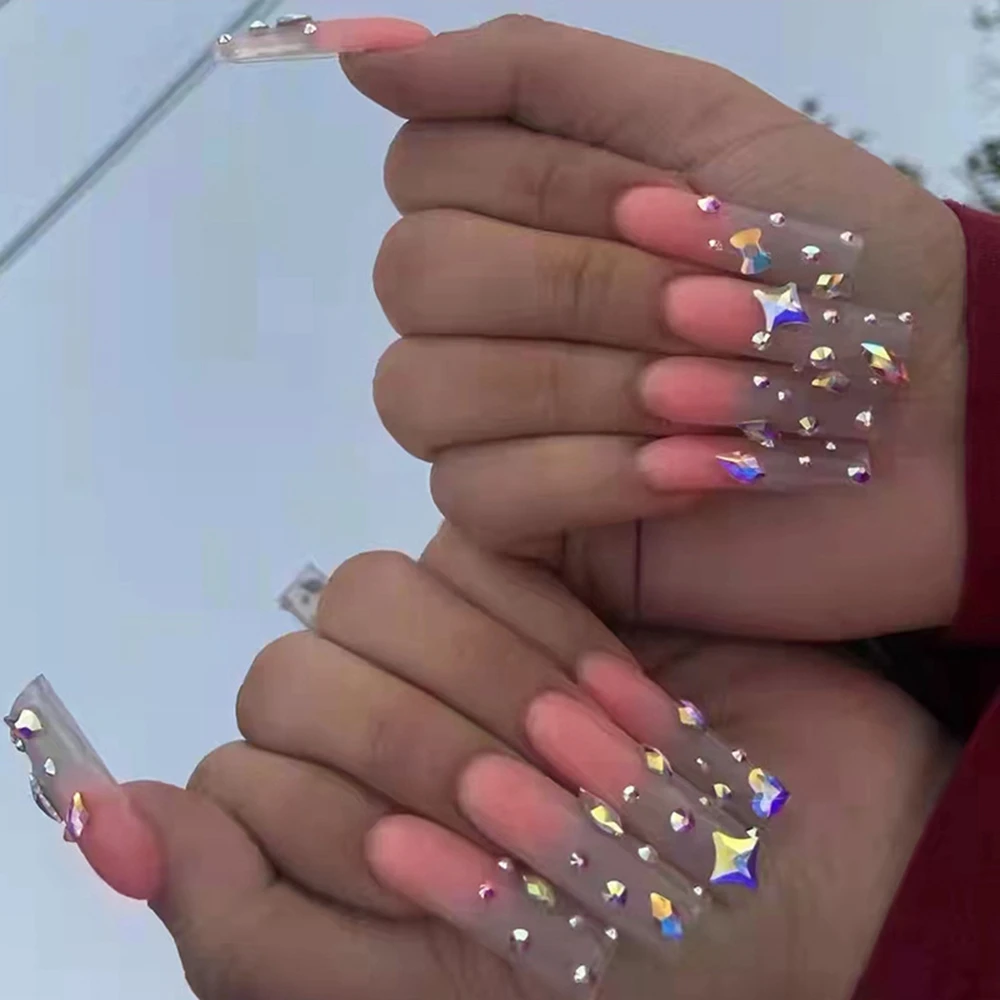 24Pcs Glitter Star Pattern Long Coffin Fake Nails Pink Gradient Ballerina  Nail Art With Glue Sticker Detachable Press On Nails|False Nails| -  AliExpress