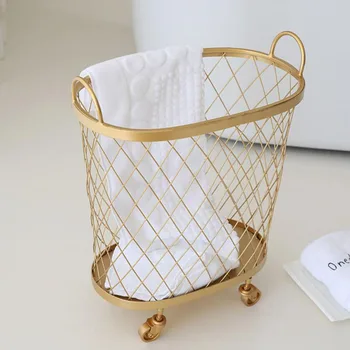 

Modern Golden Fashion Metal Gold Color Dirty Clothes Storage Handle Wheel Laundry Basket Home Creative Organizer With Wheel