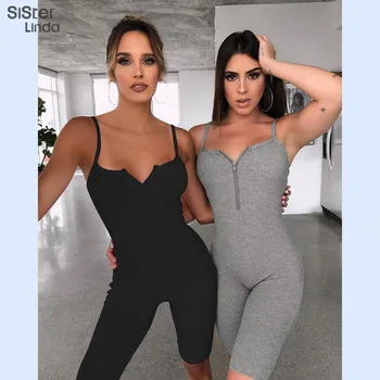 

Sisterlinda Height Quality Skinny Kint Rompers Women Jumpsuits Sleeveless Sling Zipper Short Jumpsuit Female Body Suit Mujer2020