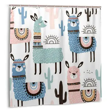 

Funny Kids Cartoon Animals Colorful Llama Cactus Shower Curtain Polyester Waterproof 12 Hooks Fabric Modern Bathroom Home Decor