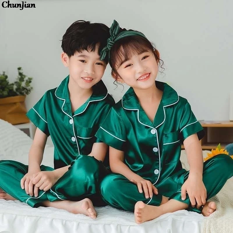 100 Satin Pajamas for 3 to 14 Years Kids Pyjamas Children's Cotton Sleepwear Baby Homewear Night Suits Boys Silk Pajama Sets best toddler nightgown