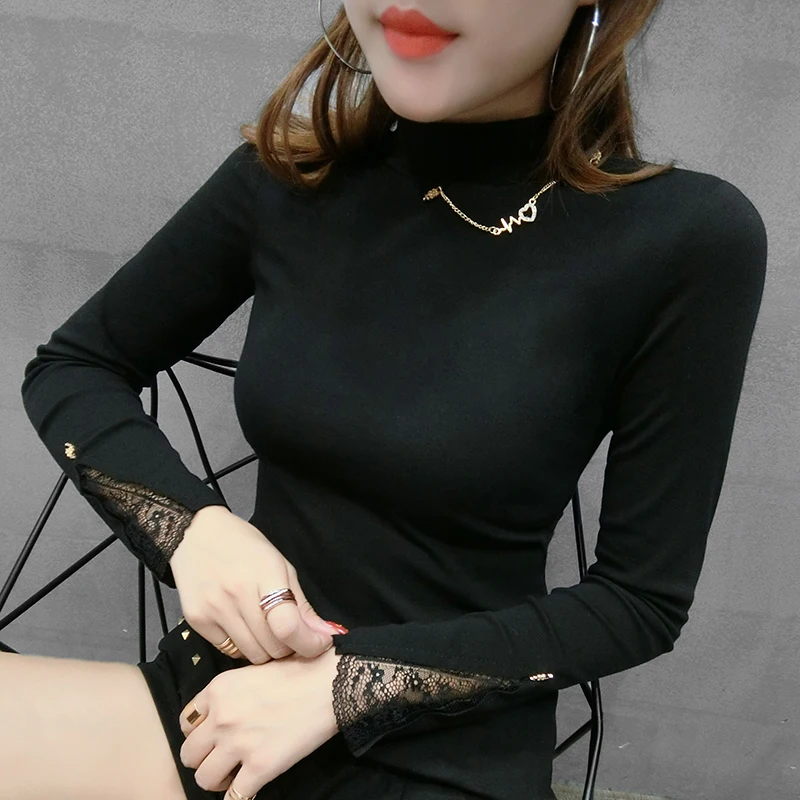 Autumn Solid T-shirts Women Hollow Out With Necklace Lace Embroidery Stretchy Tops Bottoming Long Sleeve Camiseta Mujer T99292