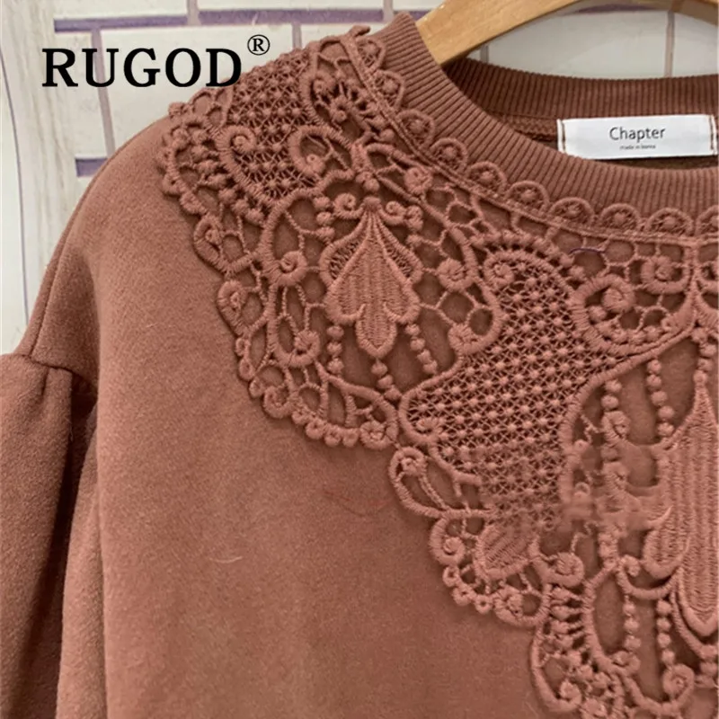 RUGOD, новинка, зимняя теплая Женская толстовка с круглым вырезом, кружевные свободные трикотажные пуловеры, корейский шик, модная женская элегантная винтажная Толстовка