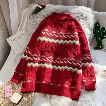 

red knitted women sweaters and pullovers striped thicken warm lady elegant pulls fashion outwear coat tops