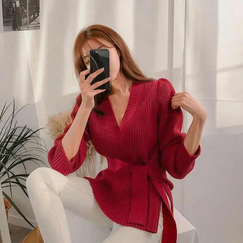 

2019 Autumn Winter Women Solid Casual Sweaters Korean Style V-Neck Split Pullovers Streetwear Long Sleeve Lace Up Sweaters Tops