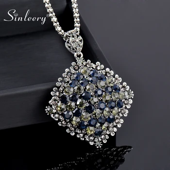 

SINLEERY Vintage Full Dark Blue Rhinestone Big Pendant Long Necklace for Women Antique Silver Color Statement Jewelry MY433 SSO