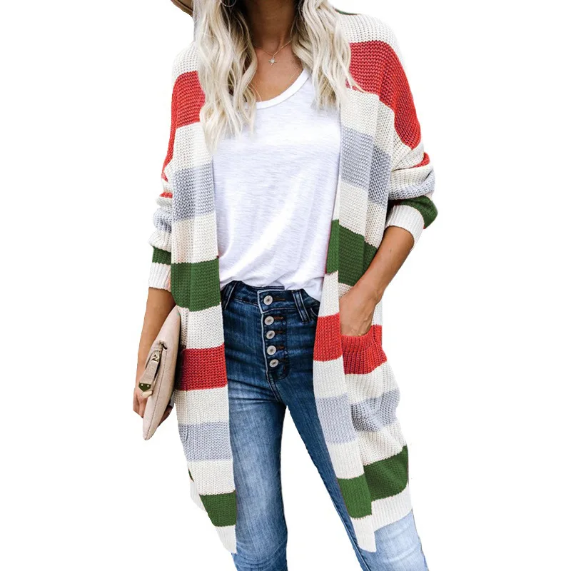 

2020 Striped Stitching Sweater Sweaters For Women Cardigan Ladies Autumn Long Color-blocking Pocket Knitted Cardigans For Women