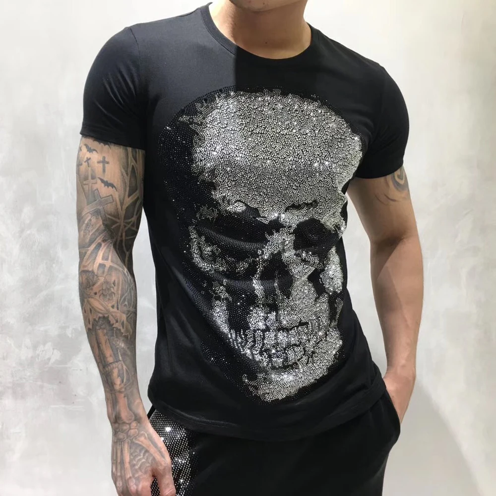 

mens designer t shirts men short sleeve fashion rhinestone big skull man t-shirt male high quality 100% cotton tees