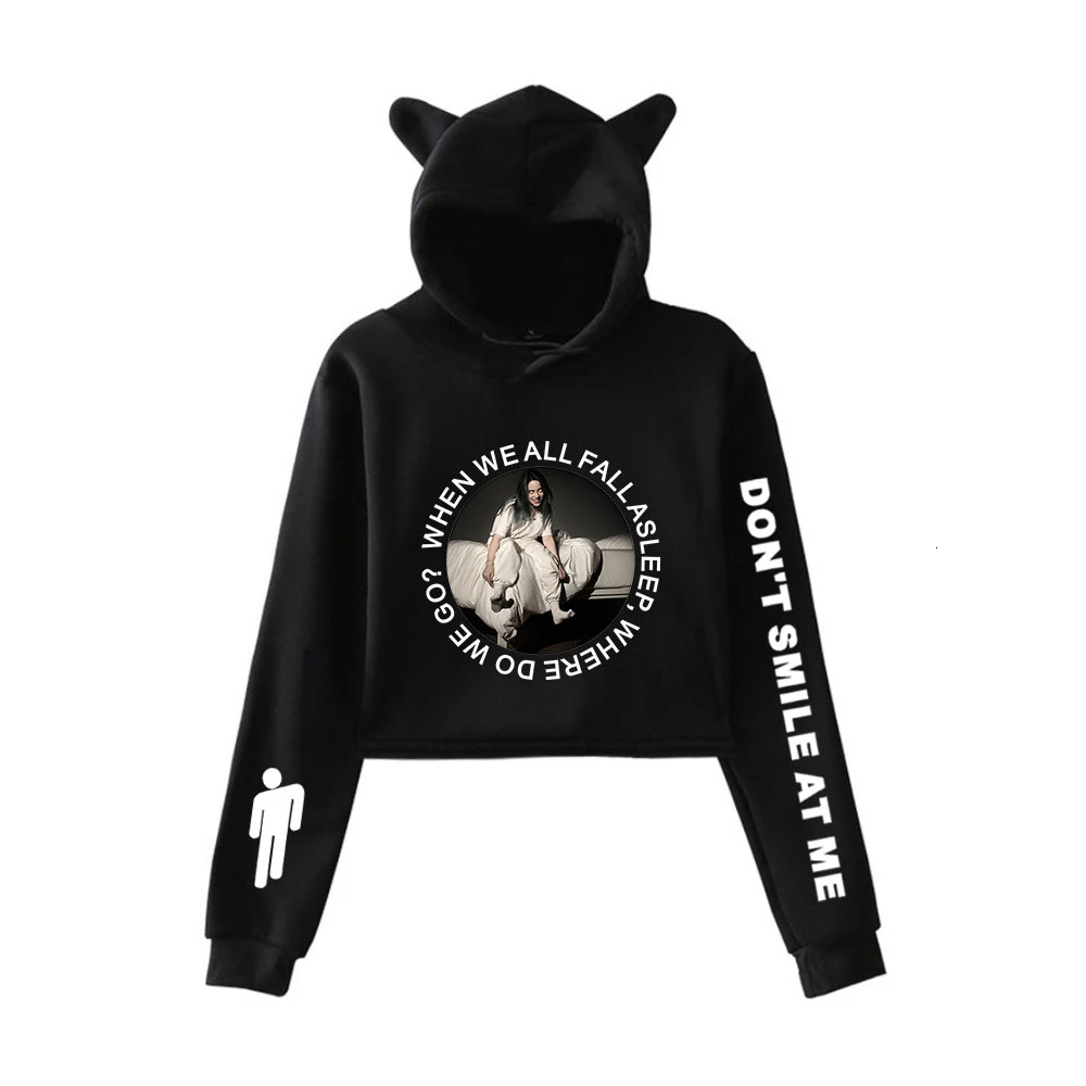  Billie Eilish Fashion Cat Ear Hat Crop Top Women Summer Hoodies Sweatshirt Sexy Hot Kpop Harajuku O