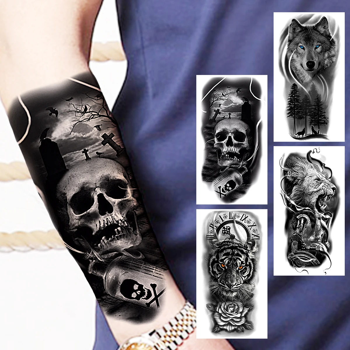 

Black Halloween Skull Temporary Tattoos For Men Women Realistic Wolf Tiger Lion Skeleton Fake Tattoo Sticker Forearm Tattoo DIY