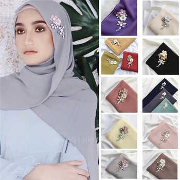 

High Quality Multicolor 75*180 Muslim Hijab for Women Female Elegant Islamic Wear Chiffon Scarf Beeding Rhinestone Wrap Head Hat