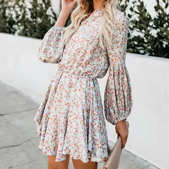 

Floral Printed Women Mini Dress Lantern Sleeve High Waisted Lace Up Korean Female Dresses 2020 Spring Summer Ladies Vestidos