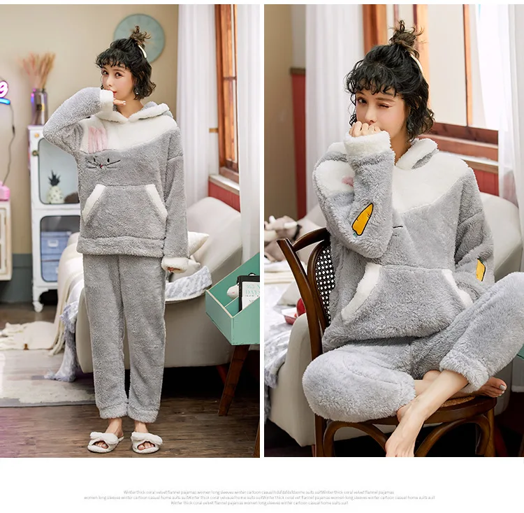 Осень, Женский фланелевый пижамный комплект, однотонный коралловый флис, пижама с капюшоном и медведем, одежда для сна, утолщенный теплый пижамный комплект