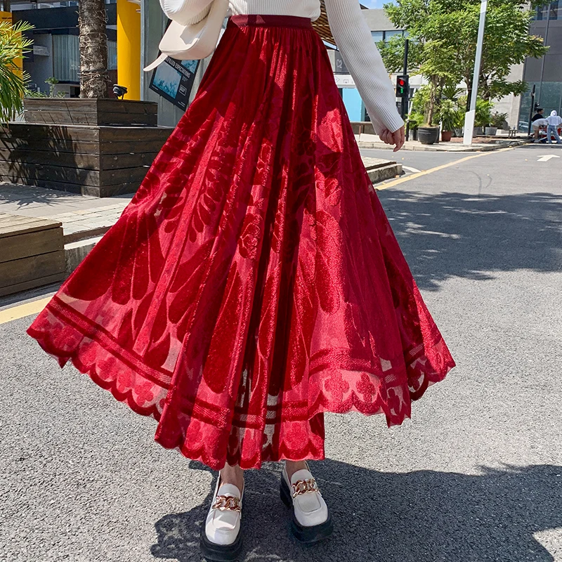 Qiukichonson Fleece Autumn Winter Long Skirts Women 2021Casual High Waist A-Line Ruffle Mesh Skirts Womens Maxi Skirt Black Red