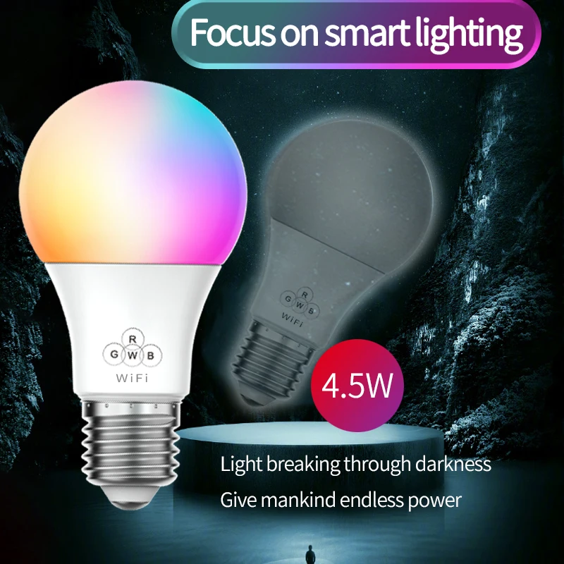 

WiFi Smart Light Bulb 4.5W E27 LED RGB Lamp Work with Alexa/Google Home/ Siri 100-265V RGBCW Dimmable Timer Function Magic Bulb