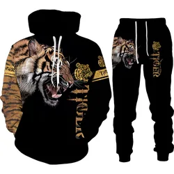 Ensemble pull à capuche et manches longues pour homme, vêtements de sport, survêtement, imprimé Animal 3D, tigre, Lion, automne et hiver 