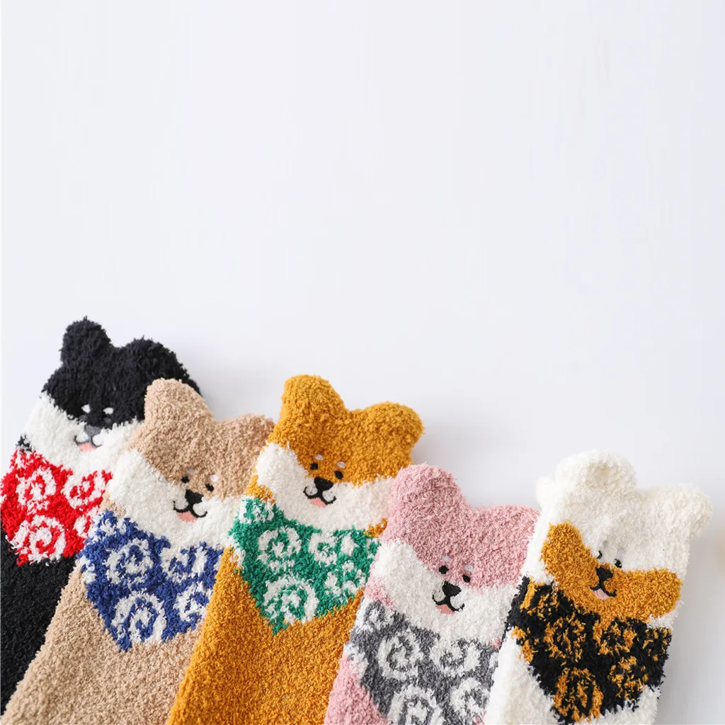 Winter Women Socks Cartoon Puppy Coral Fleece Floor Socks Lovely Thickening Cotton Middle Socks Keep Warm Socks Christmas Gifts