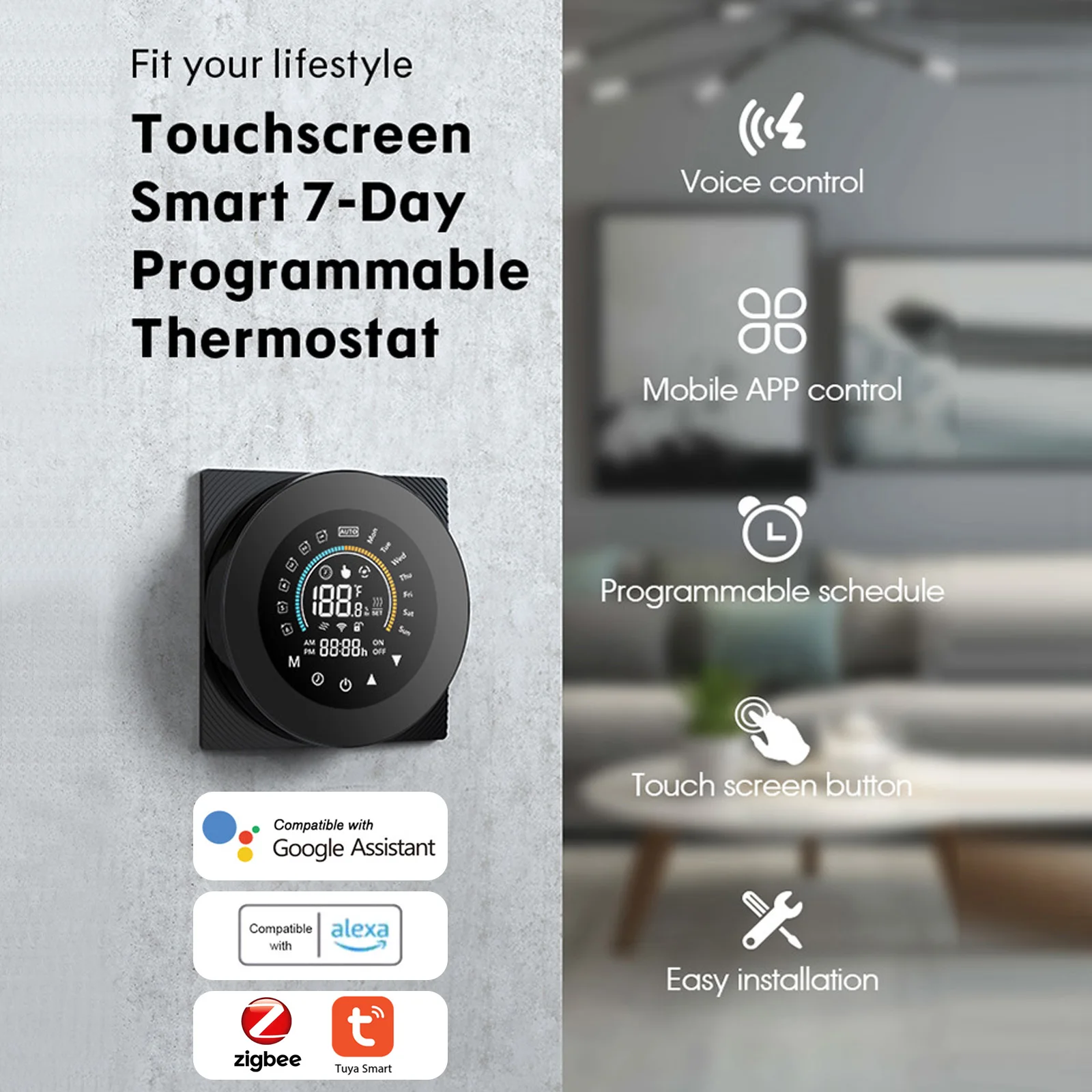 Leeofty Tuya ZigBee Smart Thermostat for Water Heating Digital Temperature Controller Large LCD Display Touch Button Voice Control Compatible with Google Assistant &  Alexa/Xiaodu/Tencent 