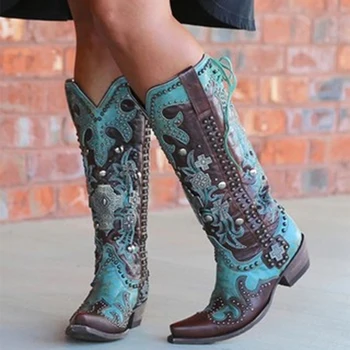 

Autumn Women Motorcycle Boots Pointed Toe Rivet PU Slip On Female Mid Calf Boots Fashion Printed Patchwork