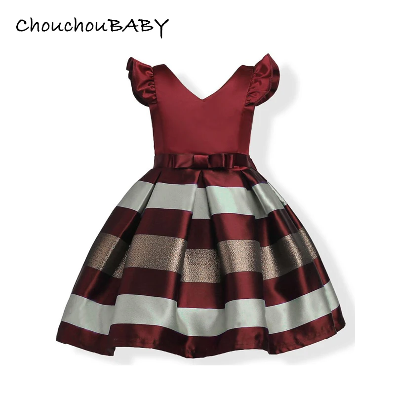 Petit Camelia/платье принцессы в полоску с v-образным вырезом, рукавами-лепестками и бантом для девочек платье для свадебной вечеринки Детский костюм для детей 3, 4, 5, 6, 7, 8 лет