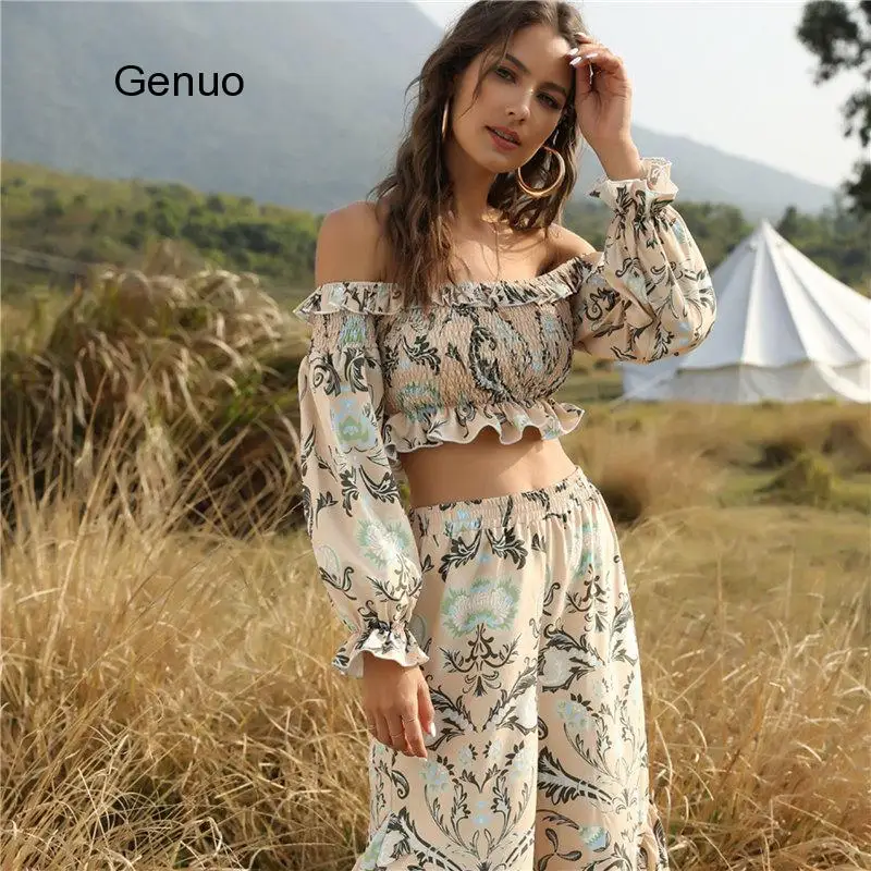 2020 New Summer Fashion Streetwear 2 Pieces Set Women Slash Neck Ruffles Top Print Loose Long Pants And Top Set