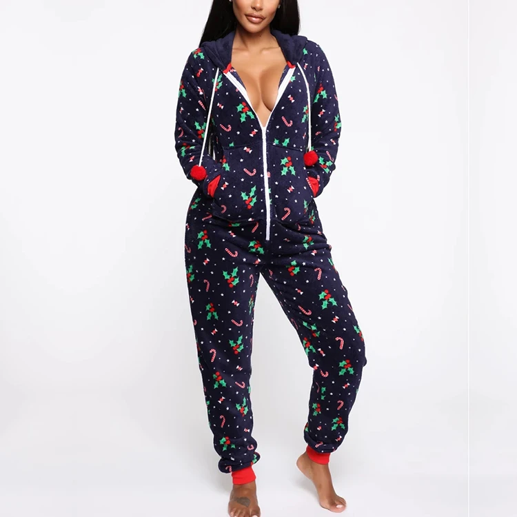 New Women Warm Christmas Pajamas Santa Sleepwear Xmas Ladies Hooded Casual Nightwear Jumpsuit Pyjamas