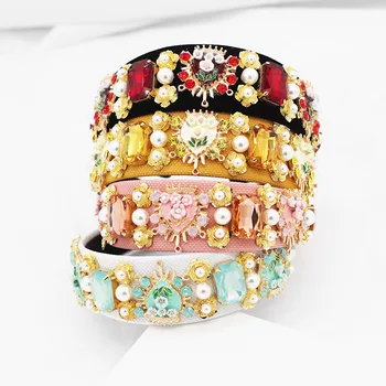 

New Baroque fashion personality pearl rhinestone girl hair accessories color dance party leisure travel party gift headband 818