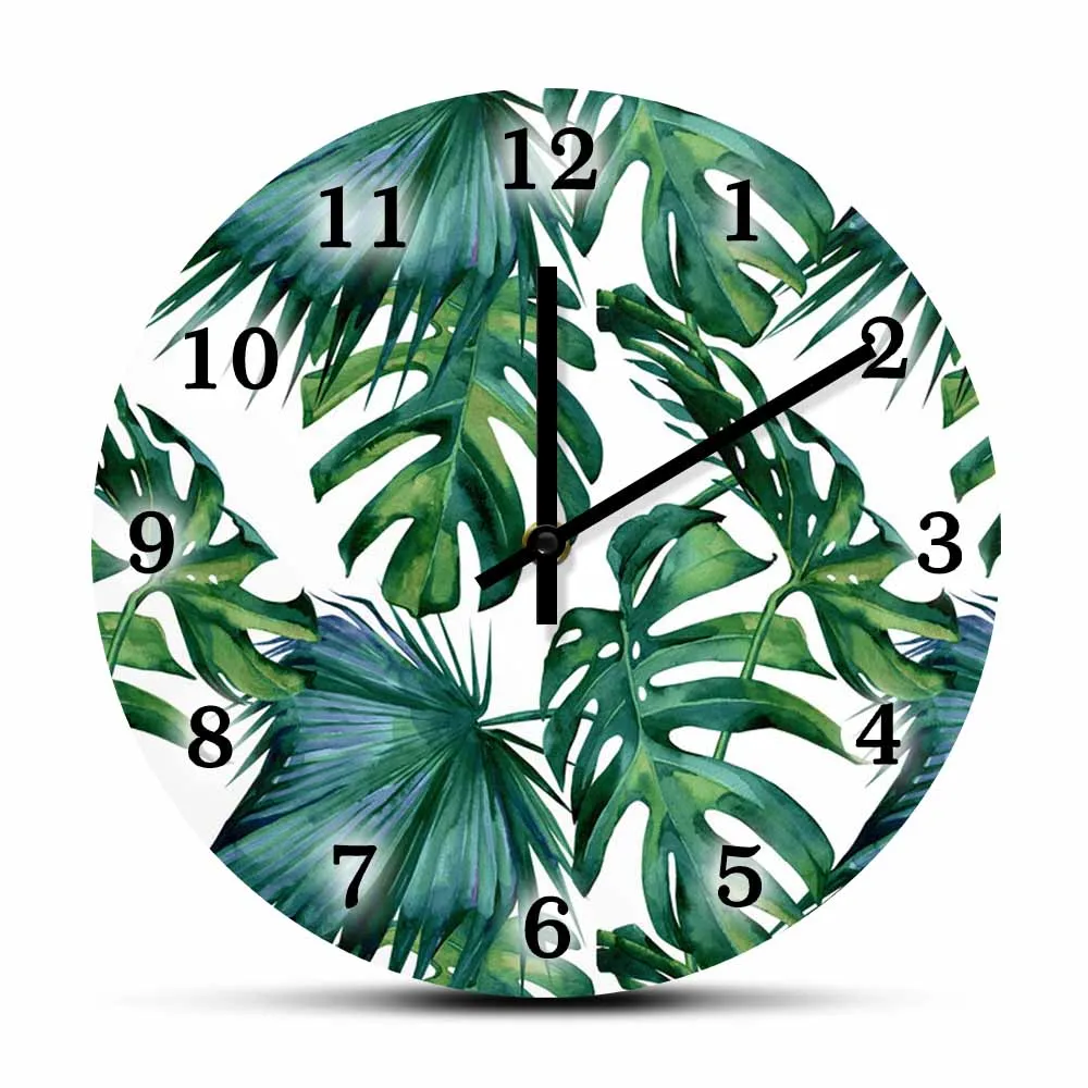 

Tropical Leaves Palms Minimalist Wall Clock Botanical Green Artwork Home Décor Monstera Jungle Leaf Silent Quartz Wall Clock