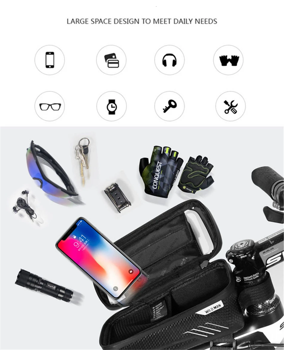 Sale WILD MAN Mountain Bike Bag Bicycle Front Frame Top Tube Bag Waterproof Touch Screen Mobile Phone Case for 4.7-6.5 inch Cellphone 16