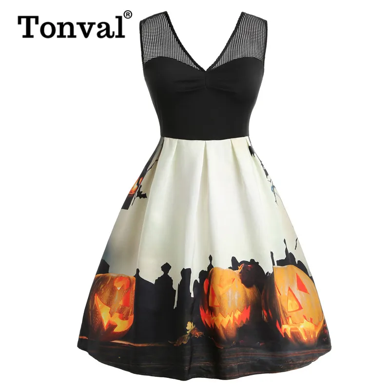 

Tonval Two Tone Ruched V Neck Pumpkin Vintage Midi Dress Plus Size 5XL Women Fit and Flare Pleated Halloween Party Dresses