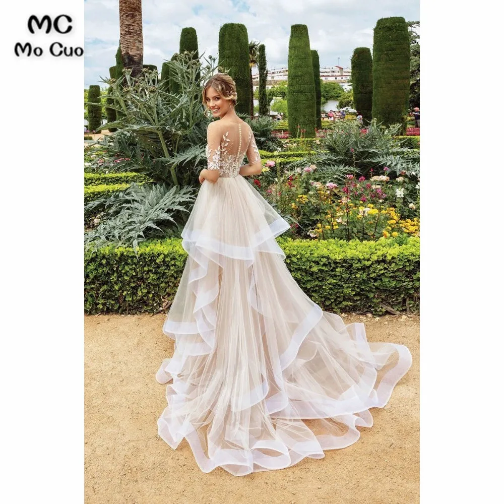 Иллюзия бальное платье свадебное платье с кружевом накладные аппликации на половину рукава потрясающее свадебное платье с оборками свадебное платье es