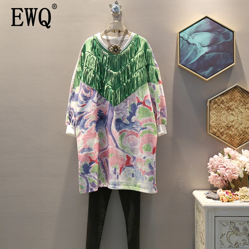 

[EWQ] 2019 Autumn High Quality Round Collar Long Sleeve Hit Colors Print Patchwork Tassel Streetwear Sweatshirt Women AH482